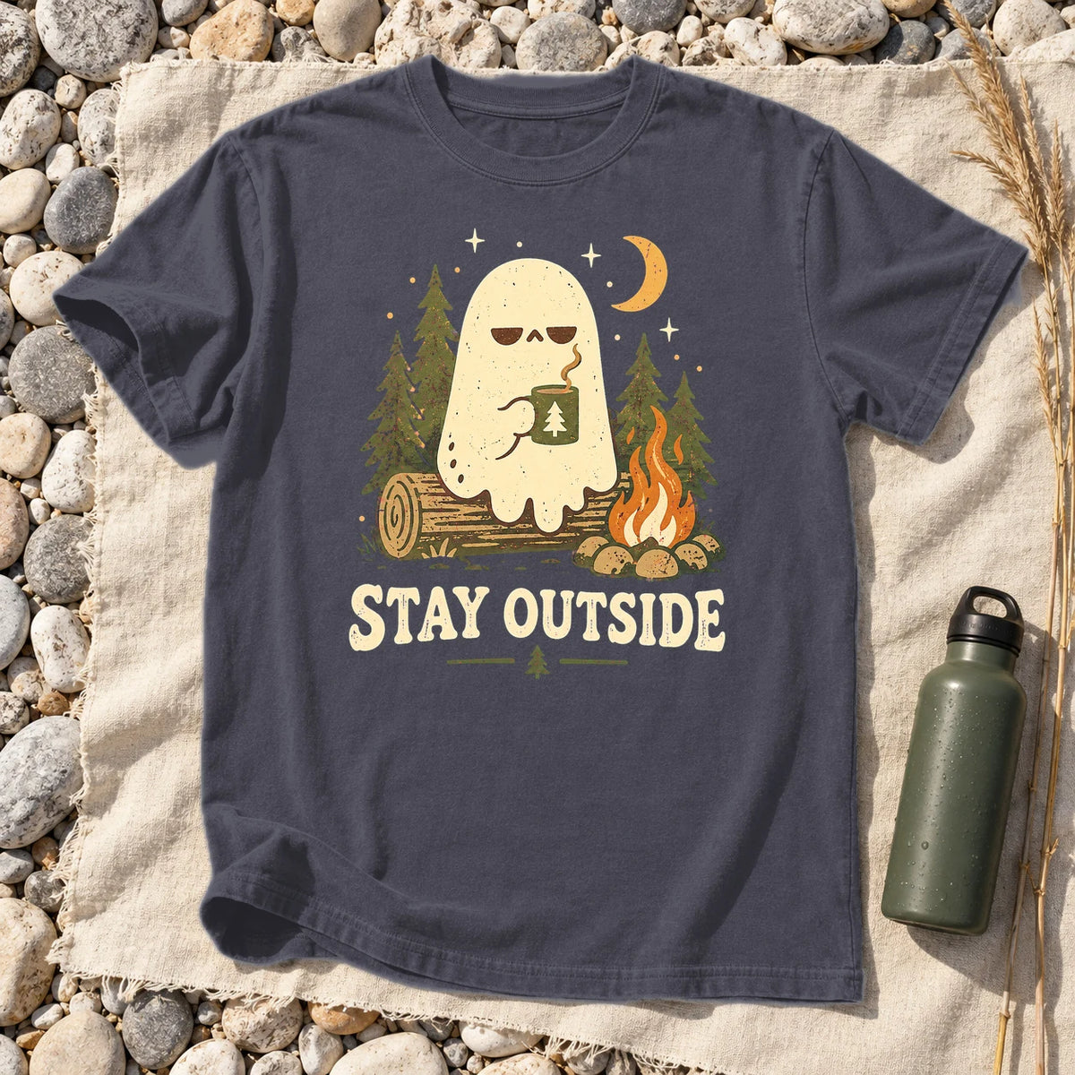 Stay Outside Campfire Ghost Graphic Tee on Navy Premium Tee