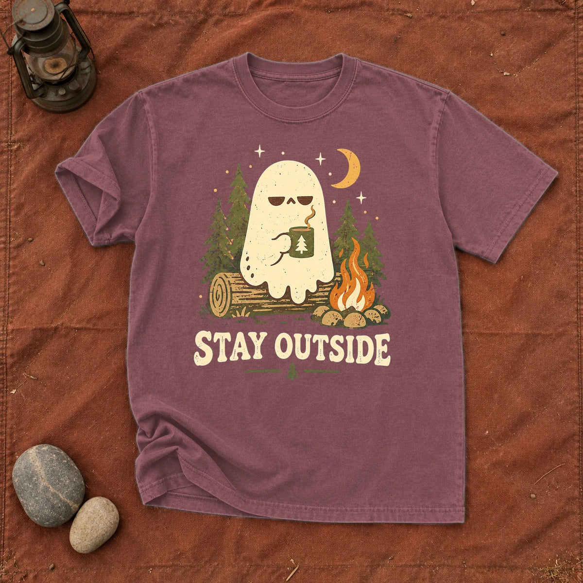 Stay Outside Campfire Ghost Graphic Tee on Brick Premium Tee