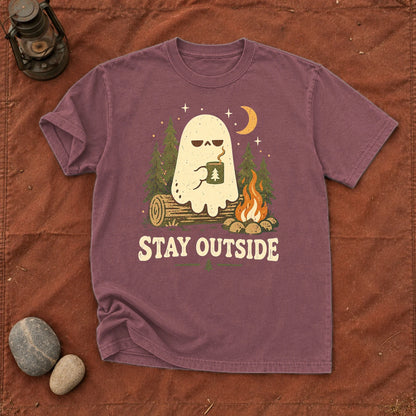 Stay Outside Campfire Ghost Graphic Tee on Brick Premium Tee
