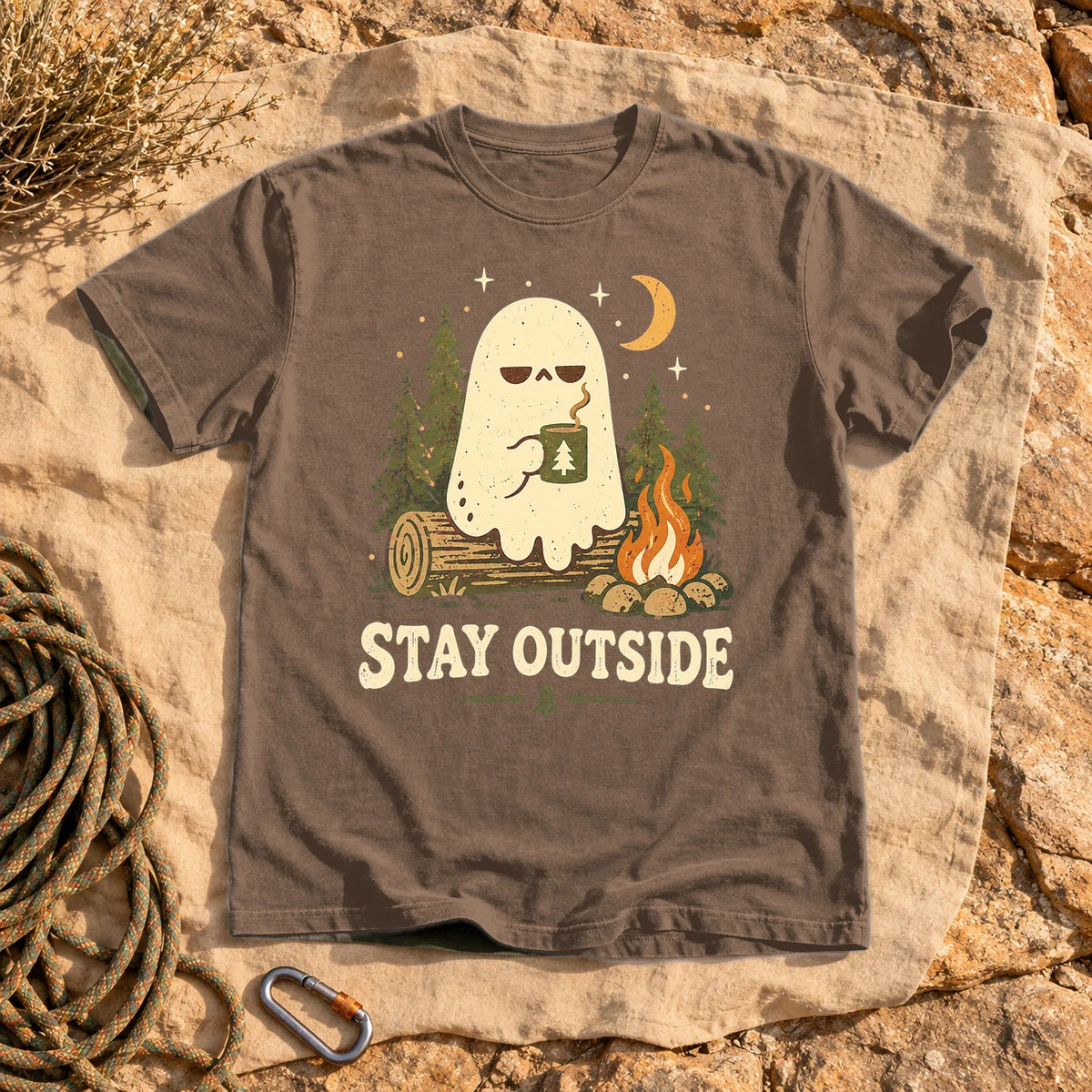 Stay Outside Campfire Ghost Graphic Tee on Espresso Premium Tee