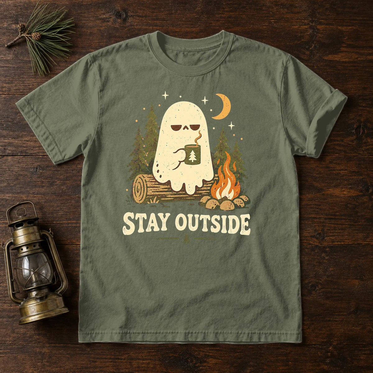 Stay Outside Campfire Ghost Graphic Tee on Moss Premium Tee