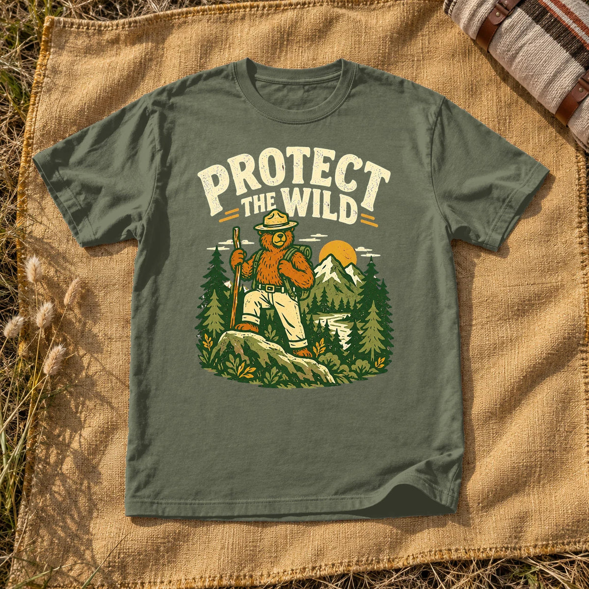 Protect The Wild Ranger Bear Graphic Tee on Moss Premium Tee