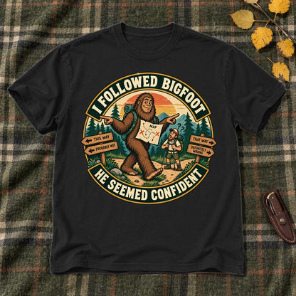 I Followed Bigfoot Retro Hiking Graphic Tee on Black Everyday Soft Tee