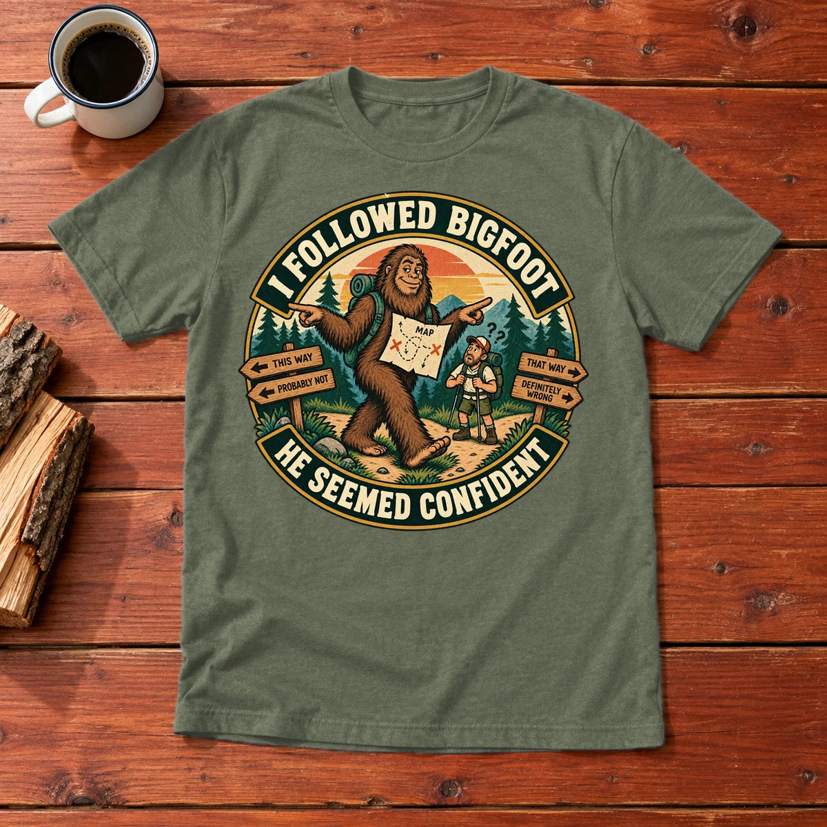 I Followed Bigfoot Retro Hiking Graphic Tee on Military Green Everyday Soft Tee