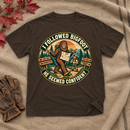 I Followed Bigfoot Retro Hiking Graphic Tee on Dark Chocolate Everyday Soft Tee