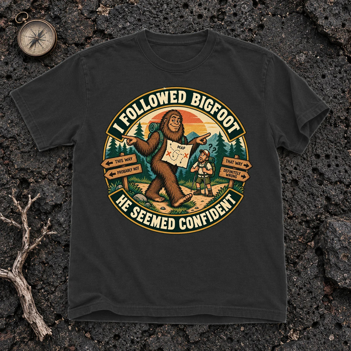 I Followed Bigfoot Retro Hiking Graphic Tee on Black Premium Tee