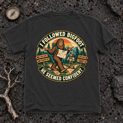 I Followed Bigfoot Retro Hiking Graphic Tee on Black Premium Tee