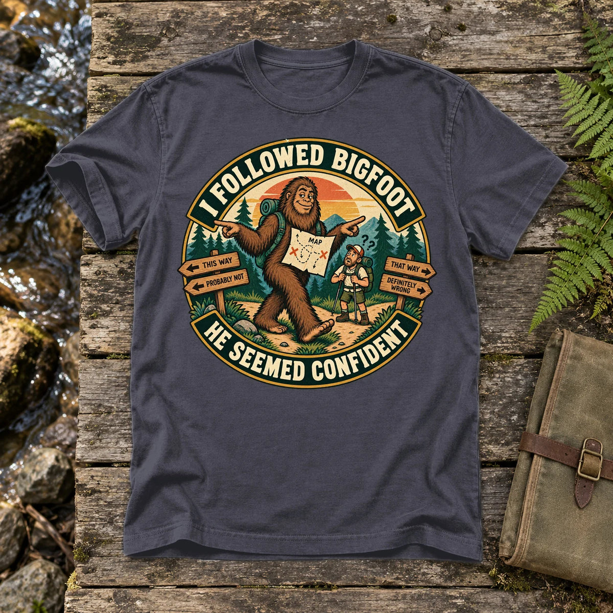 I Followed Bigfoot Retro Hiking Graphic Tee on Navy Premium Tee