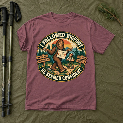 I Followed Bigfoot Retro Hiking Graphic Tee on Brick Premium Tee