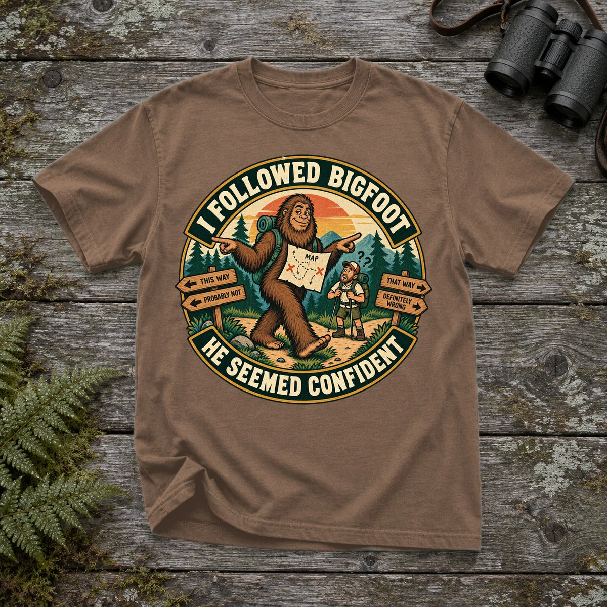 I Followed Bigfoot Retro Hiking Graphic Tee on Espresso Premium Tee