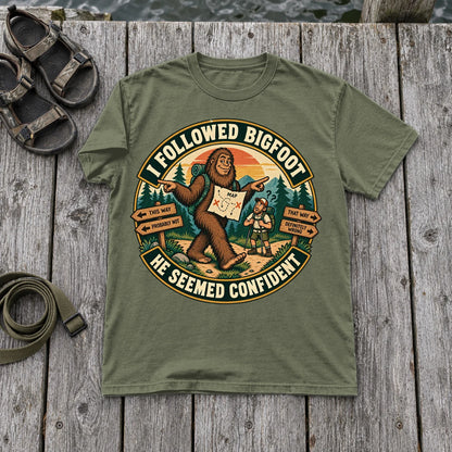 I Followed Bigfoot Retro Hiking Graphic Tee on Moss Premium Tee