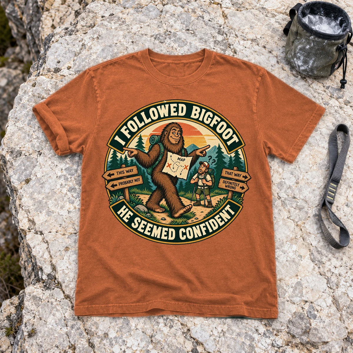 I Followed Bigfoot Retro Hiking Graphic Tee on Yam Premium Tee