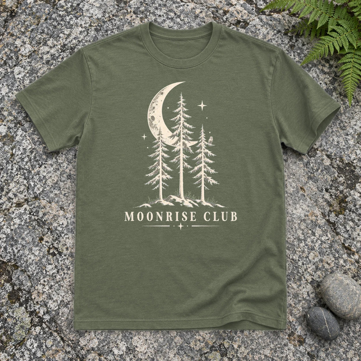 Moonrise Club Celestial Forest Graphic Tee on Military Green Everyday Soft Tee