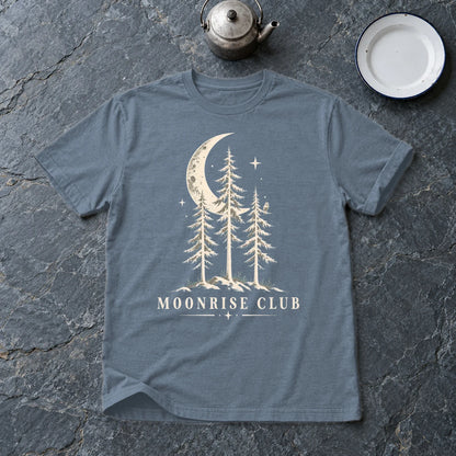 Moonrise Club Celestial Forest Graphic Tee on Heather Indigo Everyday Soft Tee