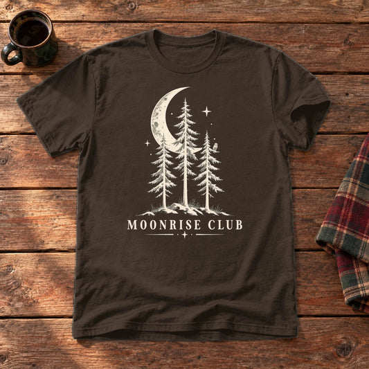 Moonrise Club Celestial Forest Graphic Tee on Dark Chocolate Everyday Soft Tee