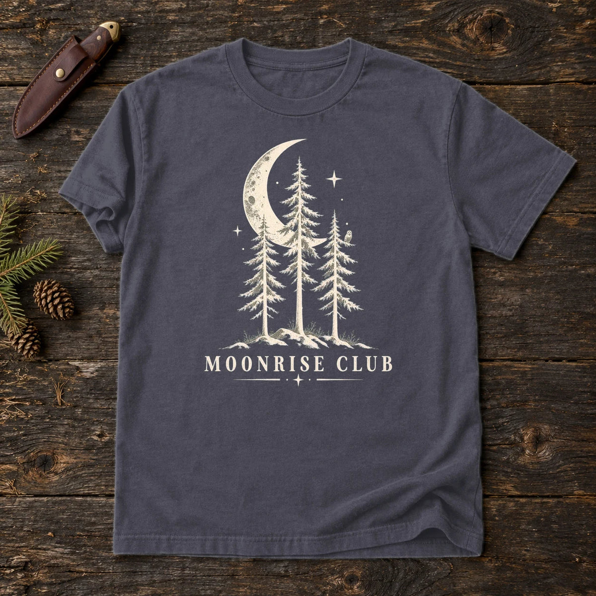 Moonrise Club Celestial Forest Graphic Tee on Navy Premium Tee