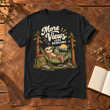More Views Less Deadlines Sloth Graphic Tee on Black Everyday Soft Tee
