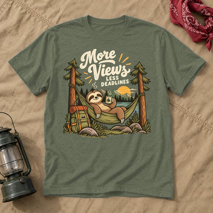 More Views Less Deadlines Sloth Graphic Tee on Military Green Everyday Soft Tee