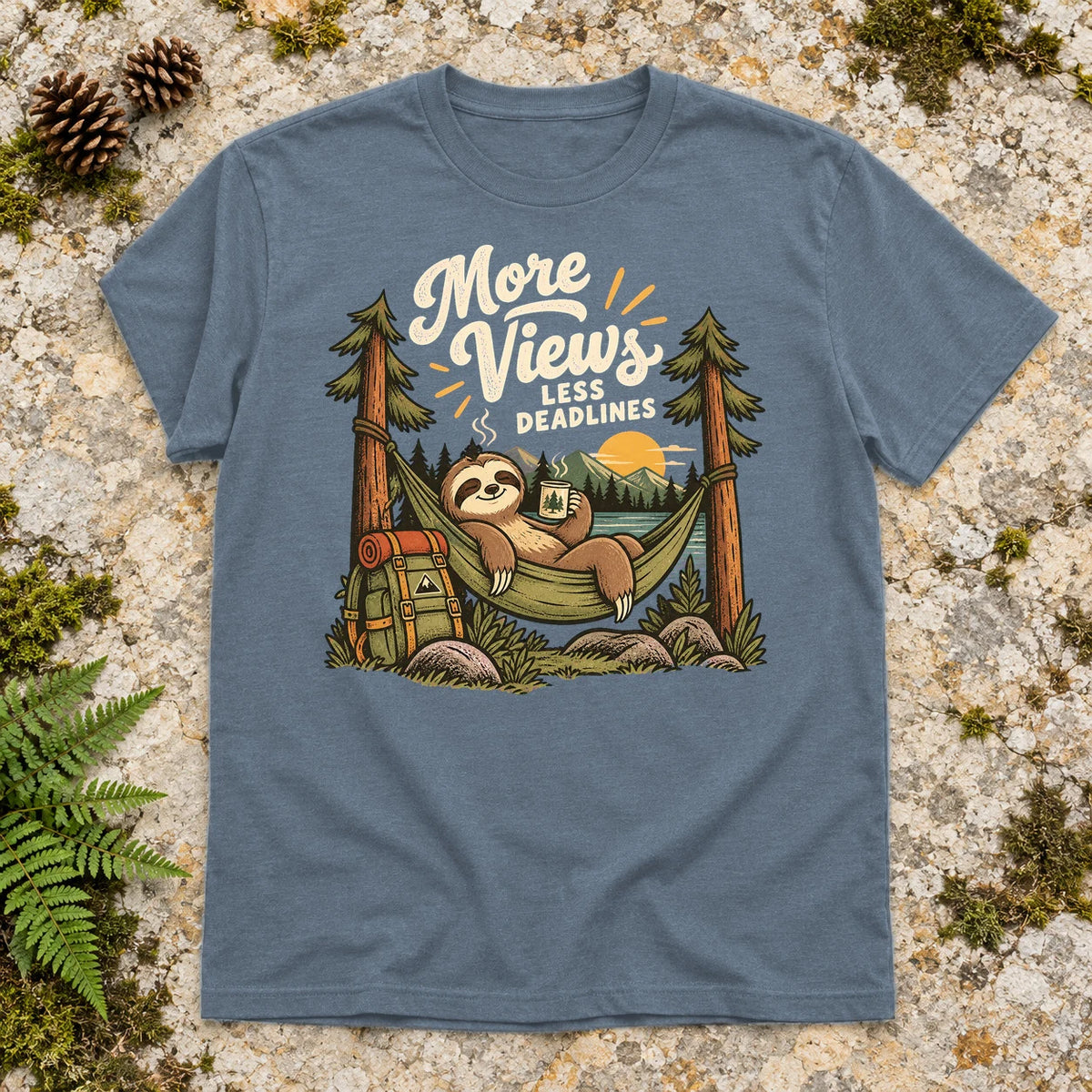 More Views Less Deadlines Sloth Graphic Tee on Heather Indigo Everyday Soft Tee