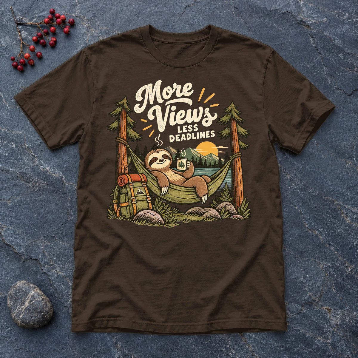 More Views Less Deadlines Sloth Graphic Tee on Dark Chocolate Everyday Soft Tee