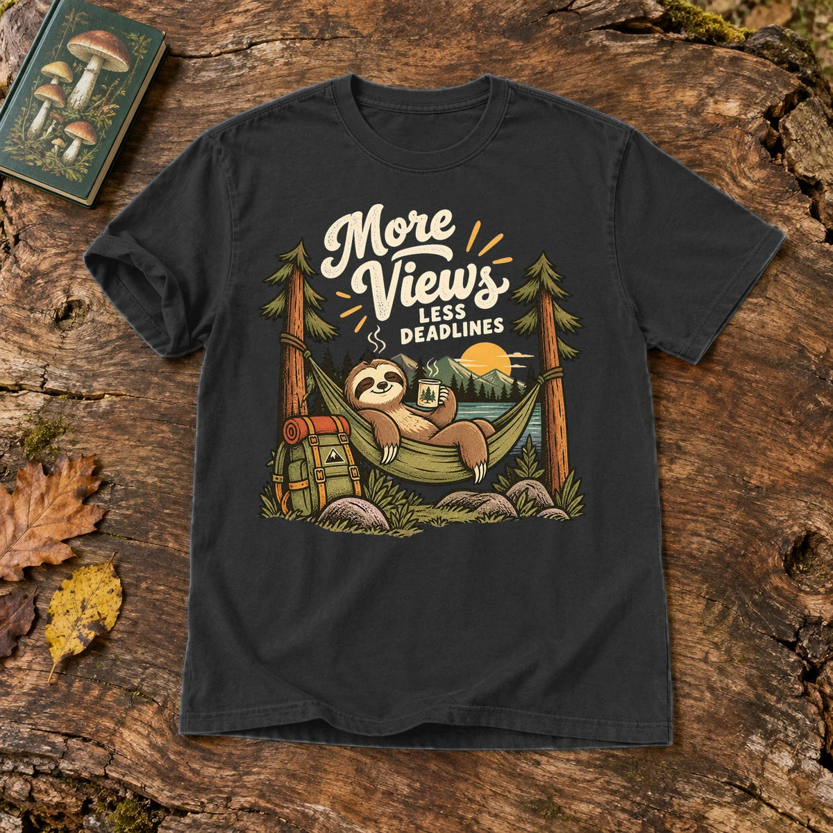 More Views Less Deadlines Sloth Graphic Tee on Black Premium Tee