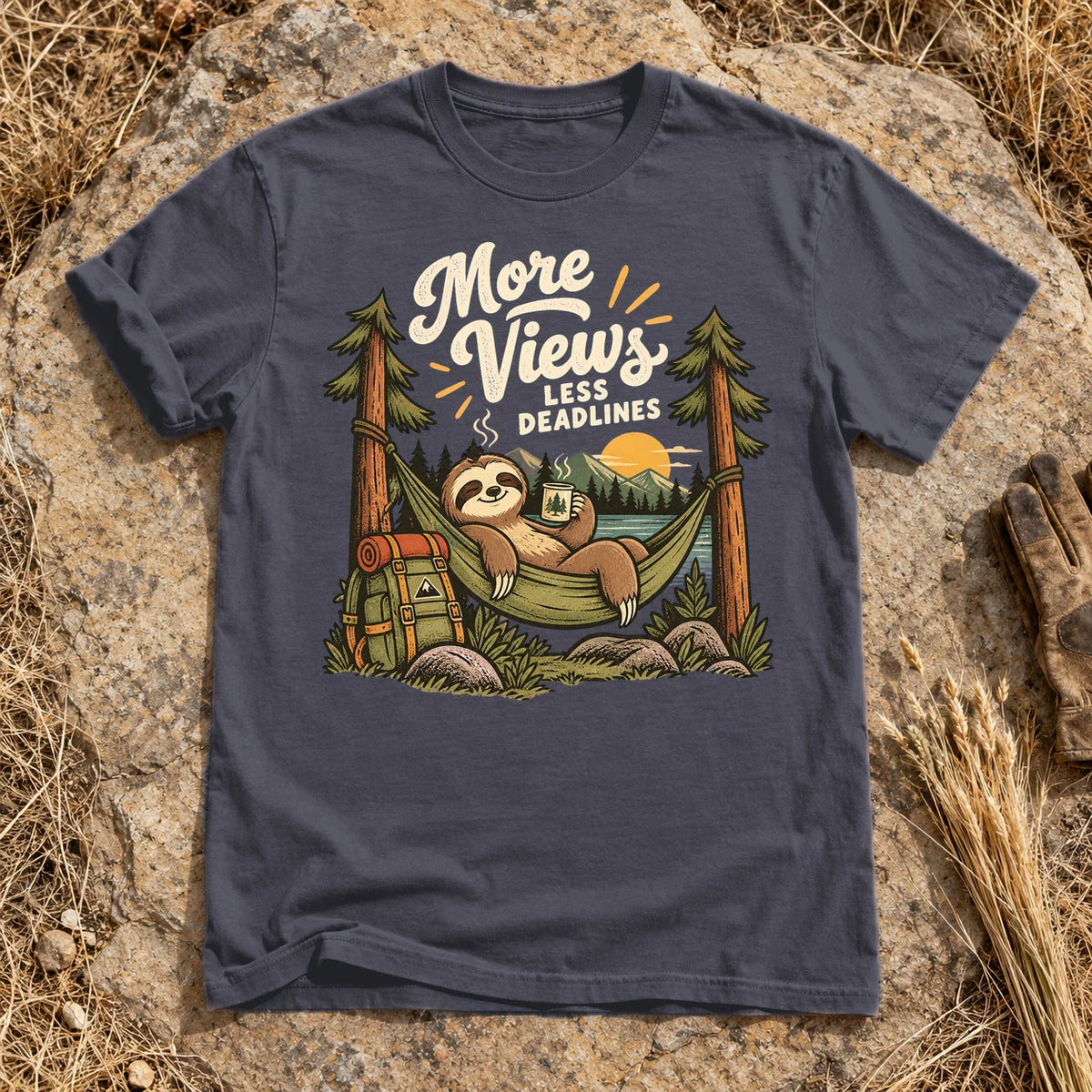 More Views Less Deadlines Sloth Graphic Tee on Navy Premium Tee
