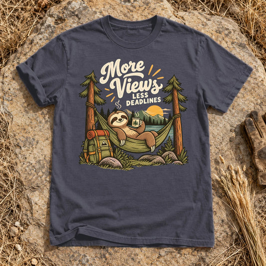 More Views Less Deadlines Sloth Graphic Tee on Navy Premium Tee