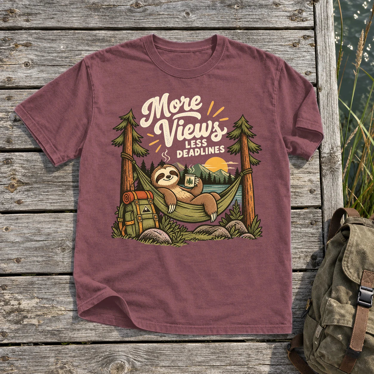 More Views Less Deadlines Sloth Graphic Tee on Brick Premium Tee