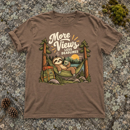 More Views Less Deadlines Sloth Graphic Tee on Espresso Premium Tee