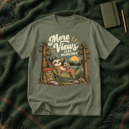 More Views Less Deadlines Sloth Graphic Tee on Moss Premium Tee