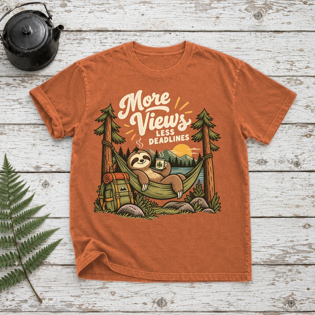 More Views Less Deadlines Sloth Graphic Tee on Yam Premium Tee