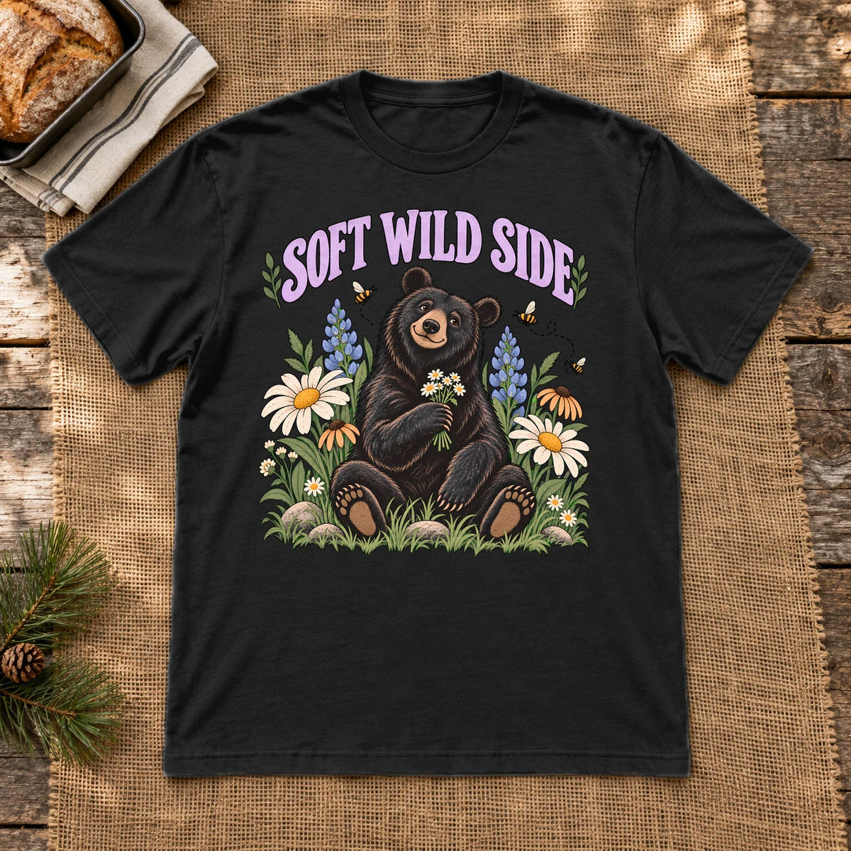 Soft Wild Side Floral Bear Graphic Tee on Black Everyday Soft Tee