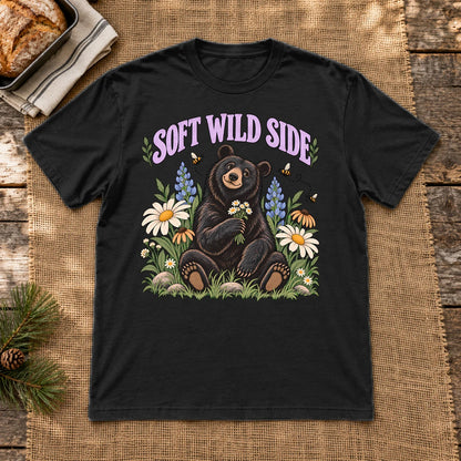 Soft Wild Side Floral Bear Graphic Tee on Black Everyday Soft Tee