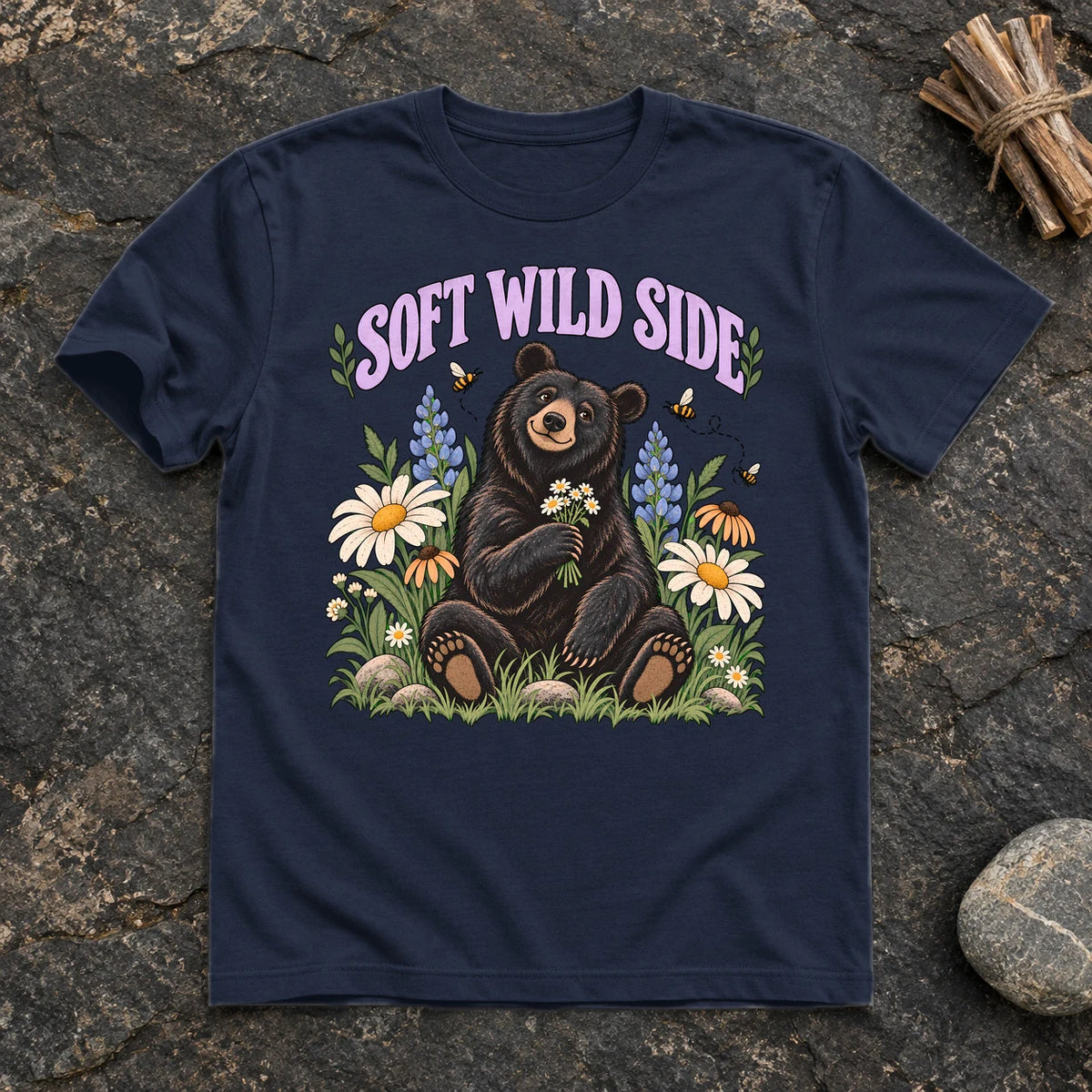 Soft Wild Side Floral Bear Graphic Tee on Navy Everyday Soft Tee