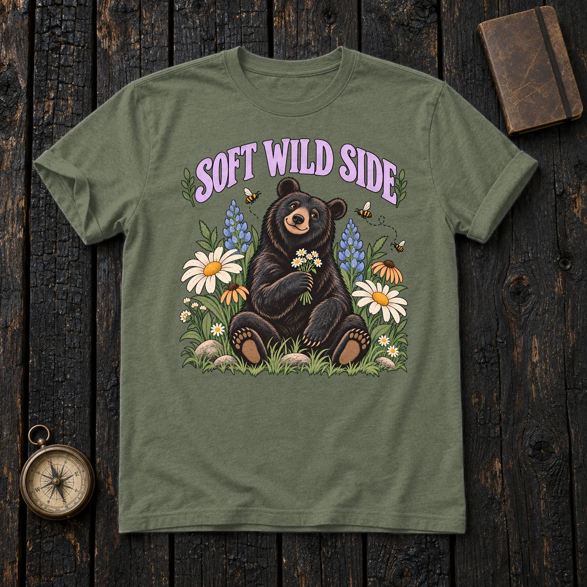 Soft Wild Side Floral Bear Graphic Tee on Military Green Everyday Soft Tee