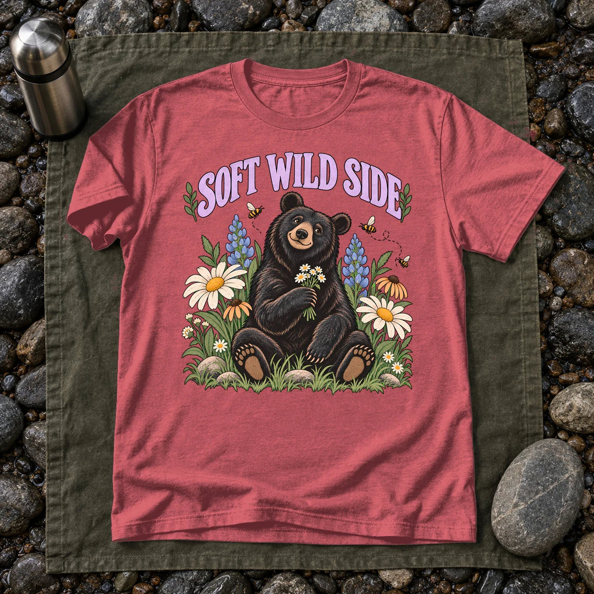 Soft Wild Side Floral Bear Graphic Tee on Heather Red Everyday Soft Tee