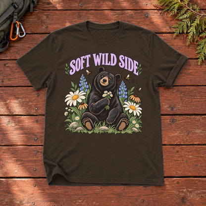 Soft Wild Side Floral Bear Graphic Tee on Dark Chocolate Everyday Soft Tee
