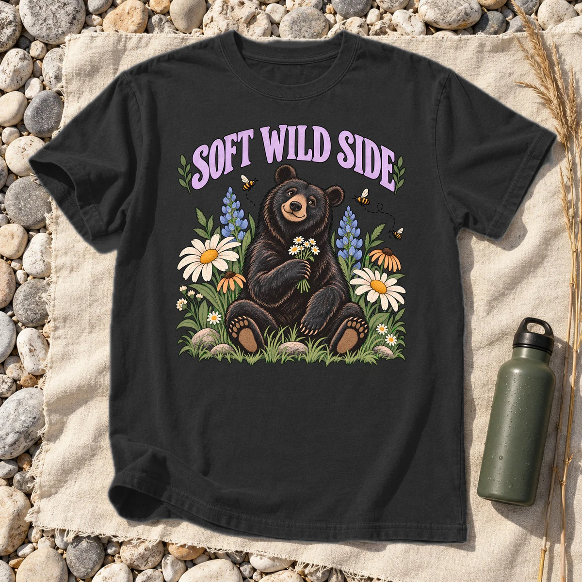 Soft Wild Side Floral Bear Graphic Tee on Black Premium Tee