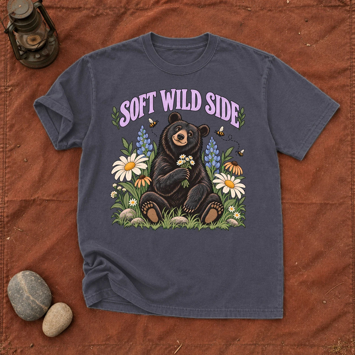 Soft Wild Side Floral Bear Graphic Tee on Navy Premium Tee