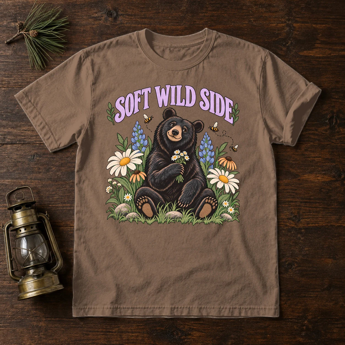 Soft Wild Side Floral Bear Graphic Tee on Espresso Premium Tee