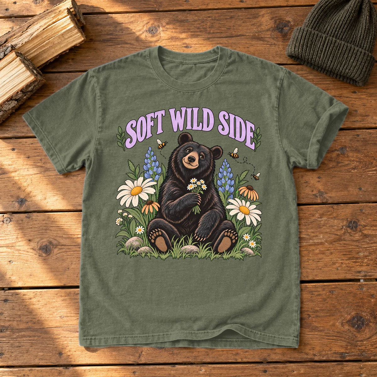Soft Wild Side Floral Bear Graphic Tee on Moss Premium Tee
