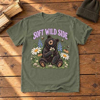 Soft Wild Side Floral Bear Graphic Tee on Moss Premium Tee