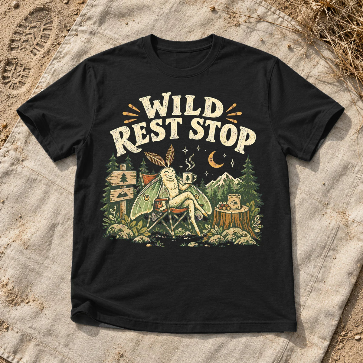 Wild Rest Stop Camping Moth Graphic Tee on Black Everyday Soft Tee