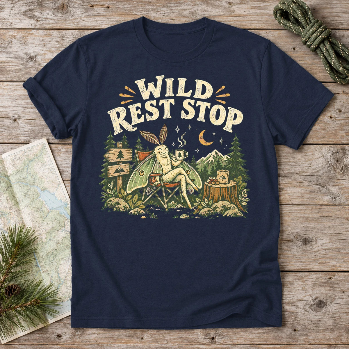 Wild Rest Stop Camping Moth Graphic Tee on Navy Everyday Soft Tee