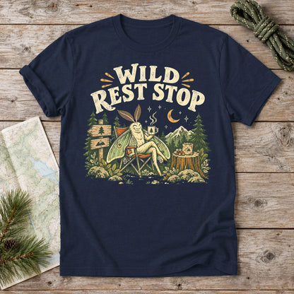 Wild Rest Stop Camping Moth Graphic Tee on Navy Everyday Soft Tee