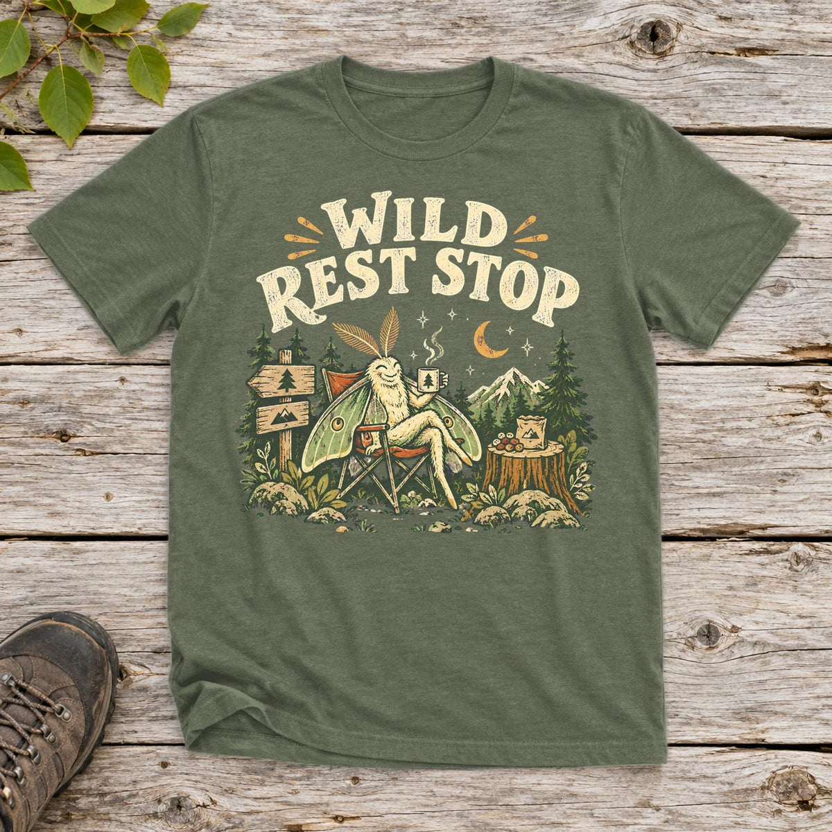 Wild Rest Stop Camping Moth Graphic Tee on Military Green Everyday Soft Tee