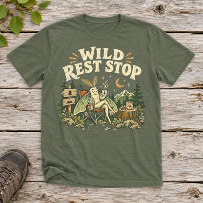 Wild Rest Stop Camping Moth Graphic Tee on Military Green Everyday Soft Tee