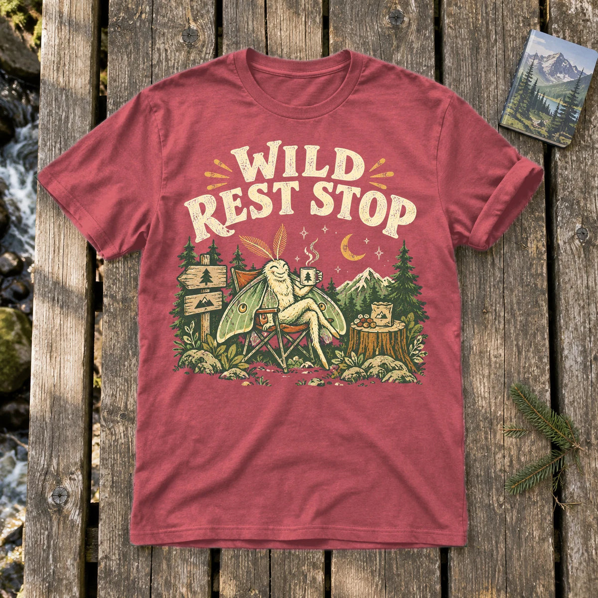 Wild Rest Stop Camping Moth Graphic Tee on Heather Red Everyday Soft Tee