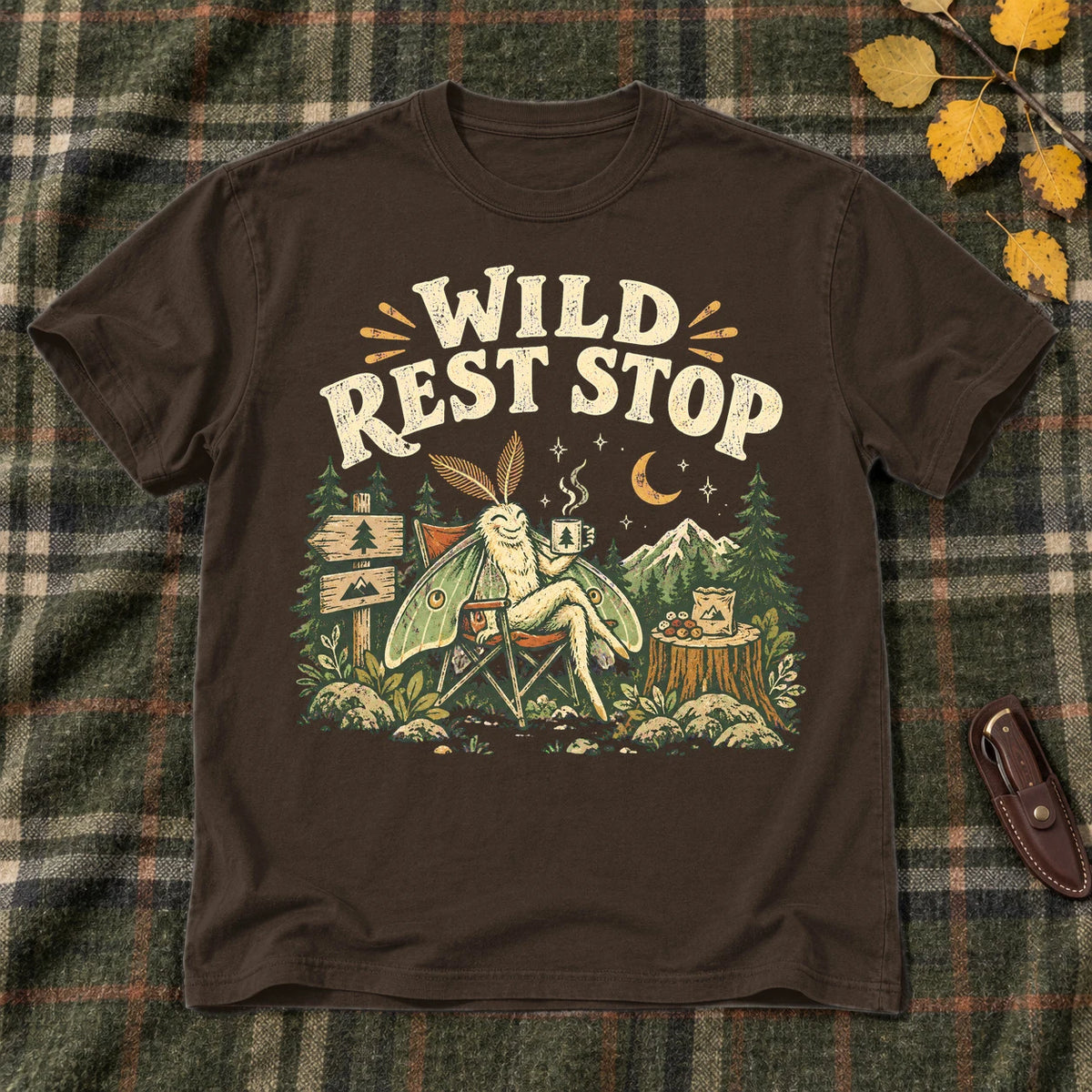 Wild Rest Stop Camping Moth Graphic Tee on Dark Chocolate Everyday Soft Tee