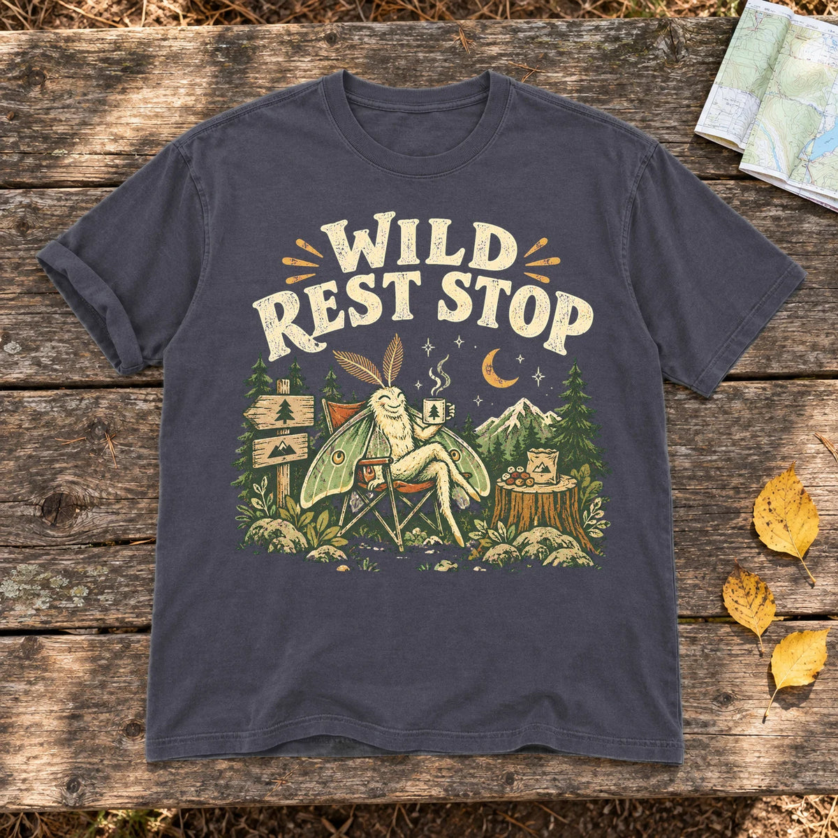 Wild Rest Stop Camping Moth Graphic Tee on Navy Premium Tee